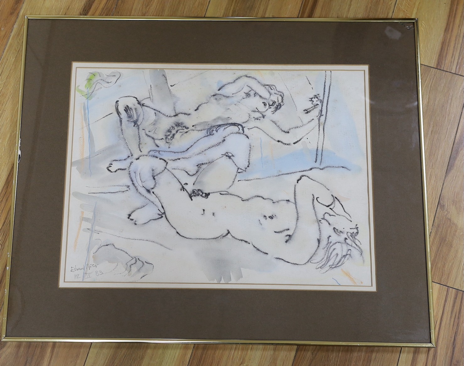 Edward Piper, charcoal and pastel on paper, a study of a recumbent figure gazing in their mirror reflection, signed